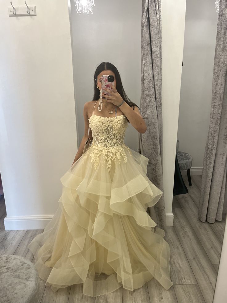 Prom Dress Ball Gown Yellow Puffy Lace Floor Length Formal Evening Gown for Graduation Party RB9465