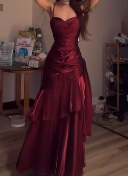 Elegant Mermaid Spaghetti Straps Burgundy Chiffon Long Prom Dress Formal Evening Dresses AB542