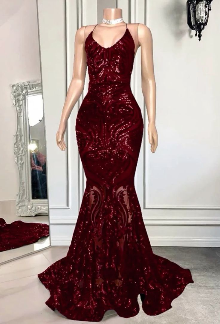 Sequined Mermaid Evening Gown Floor-Length Lace-Up Back Dark Red Burgundy Sequins Prom Dress AB546