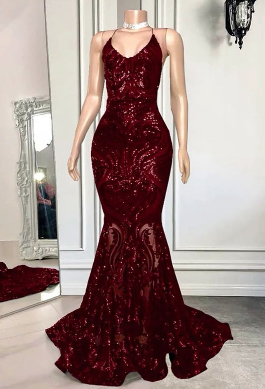 Sequined Mermaid Evening Gown Floor-Length Lace-Up Back Dark Red Burgundy Sequins Prom Dress AB546
