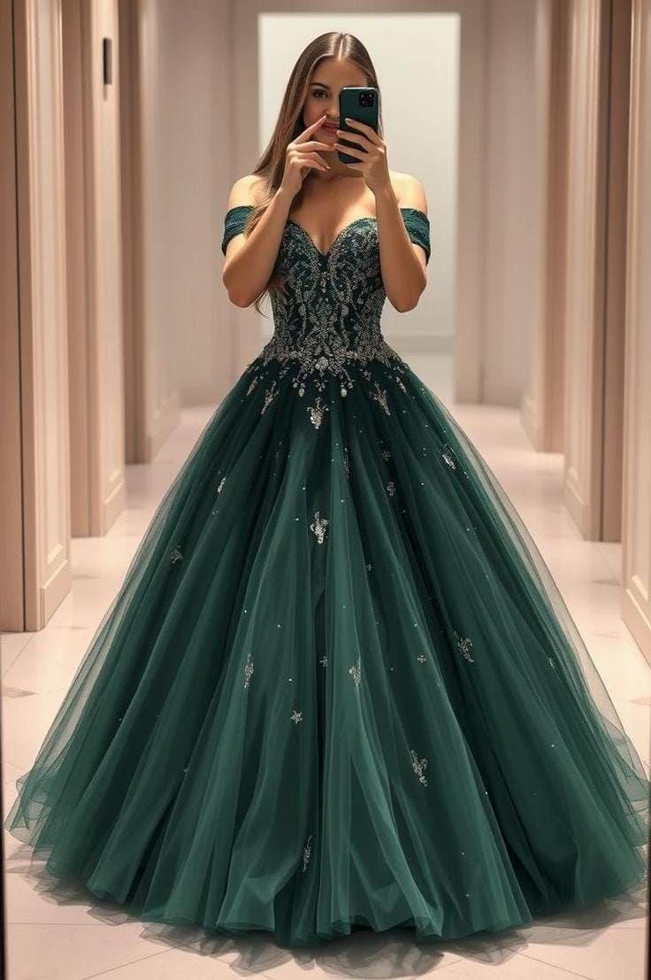 Modest Ball Gown Off The Shoulder Emerald Green Tulle Prom Dresses Long Sweet 16 Birthday Party Dress Evening Dresses AB1166