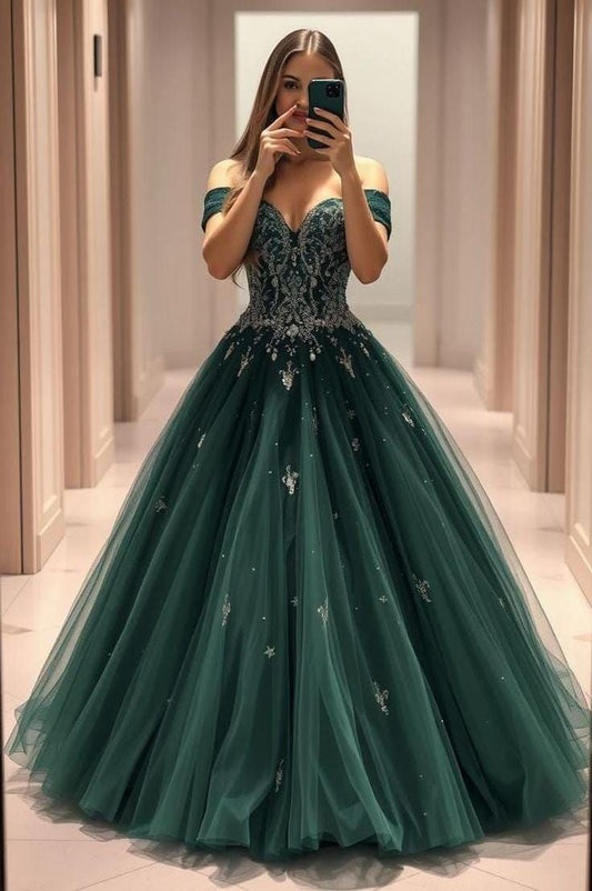 Modest Ball Gown Off The Shoulder Emerald Green Tulle Prom Dresses Long Sweet 16 Birthday Party Dress Evening Dresses AB1166