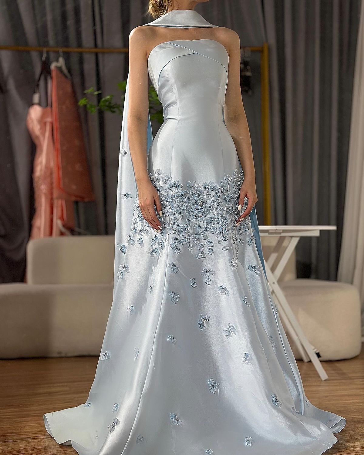 Cute Light Blue Floral Mermaid Prom Dresses Long Formal Party Dress Prom Gown AB1174