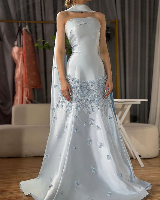 Cute Light Blue Floral Mermaid Prom Dresses Long Formal Party Dress Prom Gown AB1174