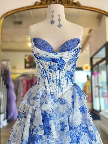 Pink Floral Corset Ball Gown Floral Blush Tiered Chiffon Long Corset Prom Dress with Slit Formal Evening Gowns AB508