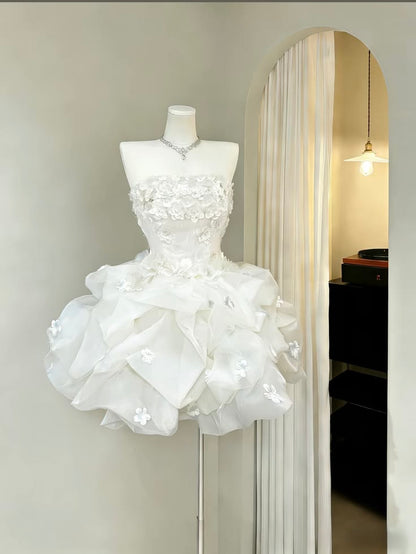 Elegant Ball Gown Strapless With 3D Flowers Sleeveless White Mini Senior Inspo Short Homecoming Dresses N4725