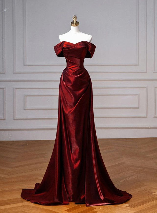 Simple Mermaid Burgundy Off the Shoulder Pleats Satin Long Prom Dress AB139