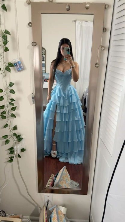 Modest Ball Gown Sweetheart Blue Chiffon Multi Layers Corset Princess Prom Dresses Evening Gown AB149