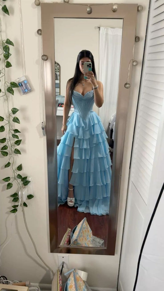 Modest Ball Gown Sweetheart Blue Chiffon Multi Layers Corset Princess Prom Dresses Evening Gown AB149