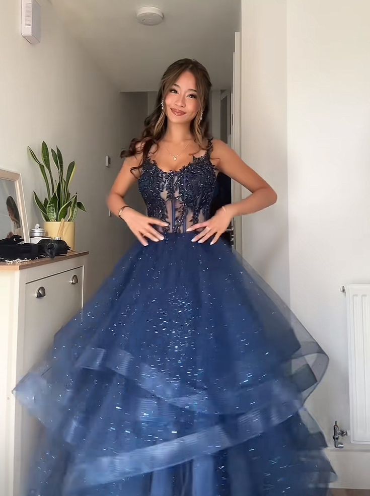 Princess Ball Gown Spaghetti Strap Navy Blue Tulle Lace Prom Dress With Layers Prom Gown AB154
