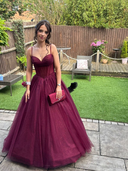 Modest Ball Gown Spaghetti Strap Burgundy Tulle Corset Pleated Princess Prom Dresses Evening Gown AB148