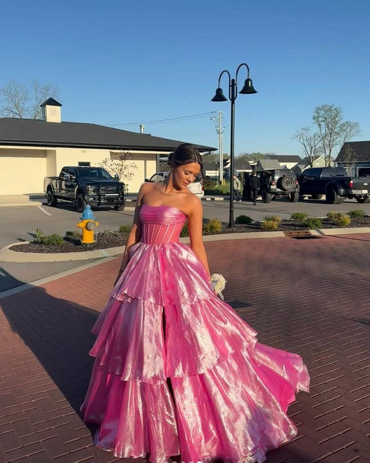 Princess Ball Gown Strapless Hot Pink Prom Dress With Layers Slit Prom Gown AB152