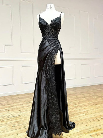 Classy Spaghetti Straps Mermaid Wine Red V Neck Satin Lace Long Prom Dresses Formal Dress AB138
