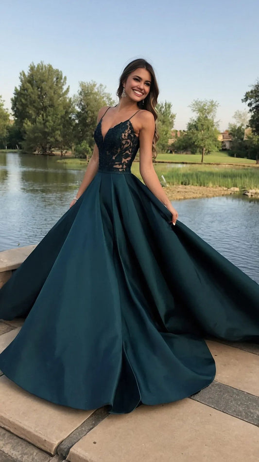 Princess A line Spaghetti Strap Dark Green Satin Lace Prom Dress Long Prom Gown AB156