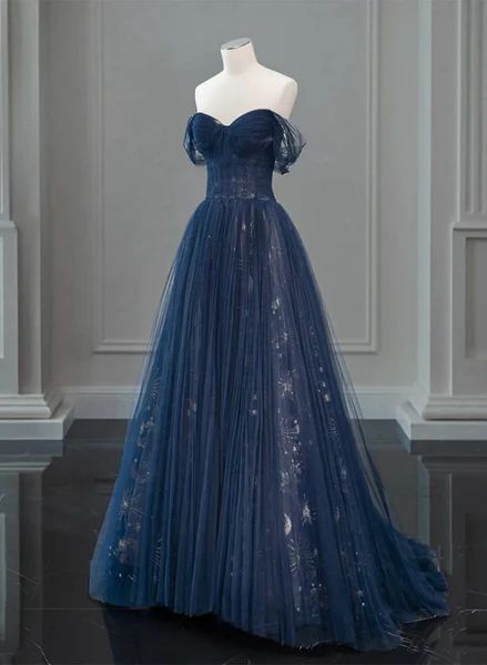 A-line Navy Blue Tulle Sweetheart Prom Dress, Navy Blue Long Evening Gown Vestidos De Dia AB535
