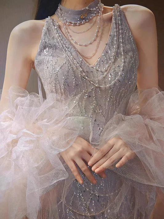 Glittery Sheath V Neck Sleeveless With Cape Tulle Slit Prom Dresses Inspiration Long Night Outfits 18th Birthday Outfits AB2226
