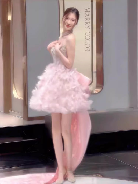 Cute Ball Gown Strapless Pink Tulle Short 16th Birthday Dress Homecoming Dresses Cocktail Gown AB2227