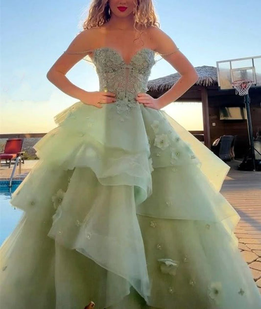 Elegant Ball Gown Spaghetti Straps Sage Green Lace Long Tulle Prom Dresses Vestidos De Dia AB585