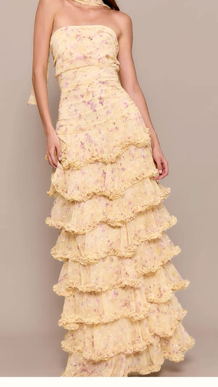 Classy Sheath Strapless Yellow Chiffon Floral Long Prom Dresses Party Dress 18th Birthday Outfits Graduation Dress N902