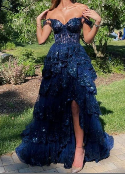 Sexy Ball Gown Off The Shoulder Lace Slit For Black People Girls Prom Dresses Sequin Long Formal Evening Party Gowns N790