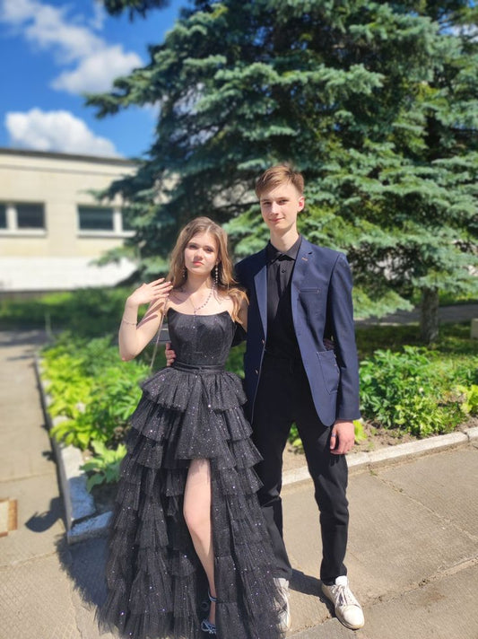 Ball Gown Strapless Black Prom Dresses Fashion Evening With Slit Sequin Long Formal Party Gowns N793