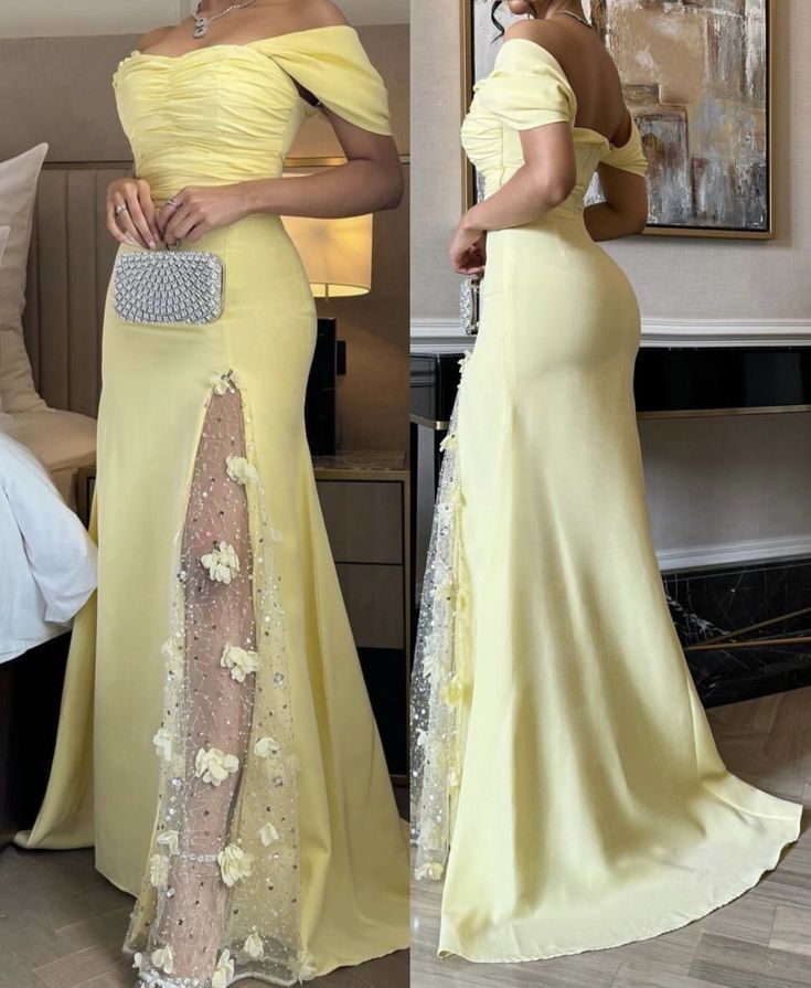 Classy Mermaid Off The Shoulder Yellow With Split Long Prom Dresses Formal Dress 20th Birthday Outfits N133