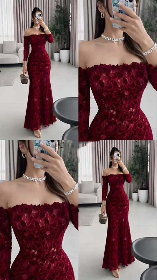 Sexy Mermaid Off The Shoulder Burgundy With Lace Sleeves Prom Dresses Long Evening Formal Gown Wedding Party Gowns N354