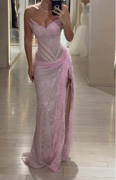 Sexy Mermaid Strapless Pink Lace With Split Prom Dresses Long Evening Formal Gown With Pleated Party Gowns N350