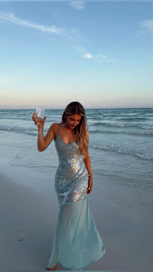 Elegant Mermaid Spaghetti Straps Blue Sequins Long Prom Dresses For Teens Evening Outfits Graduation Formal Dress N1092
