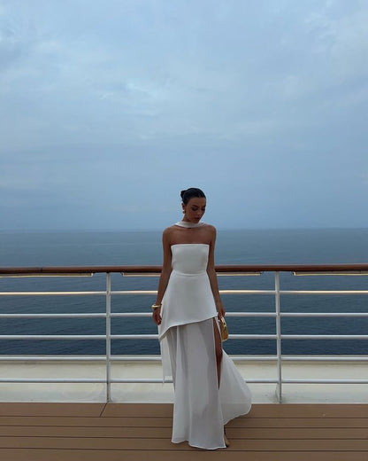 White Strapless Satin Chiffon Split Holiday Summer Prom Dress 18th Birthday Outfits AB2396