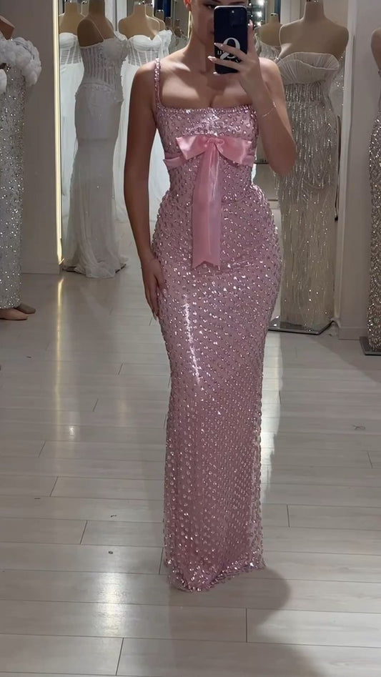 New Arrive Elegant Pink Sequin Long Party Dress Prom Dresses Mermaid Bodycon For Women N4079