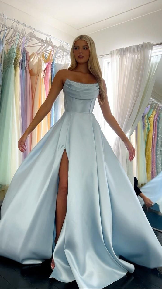 Simple A line Strapless Blue Satin With Split Inspo Formal Party Gowns Long Prom Dresses N141