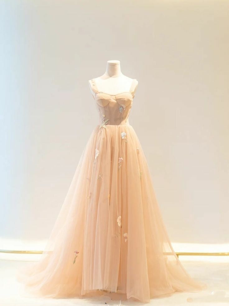 Cute Ball Gown Spaghetti Strap Champagne Tulle Prom Dresses Inspo For Teens Formal Dress Party Outfits Prom Gowns AB087