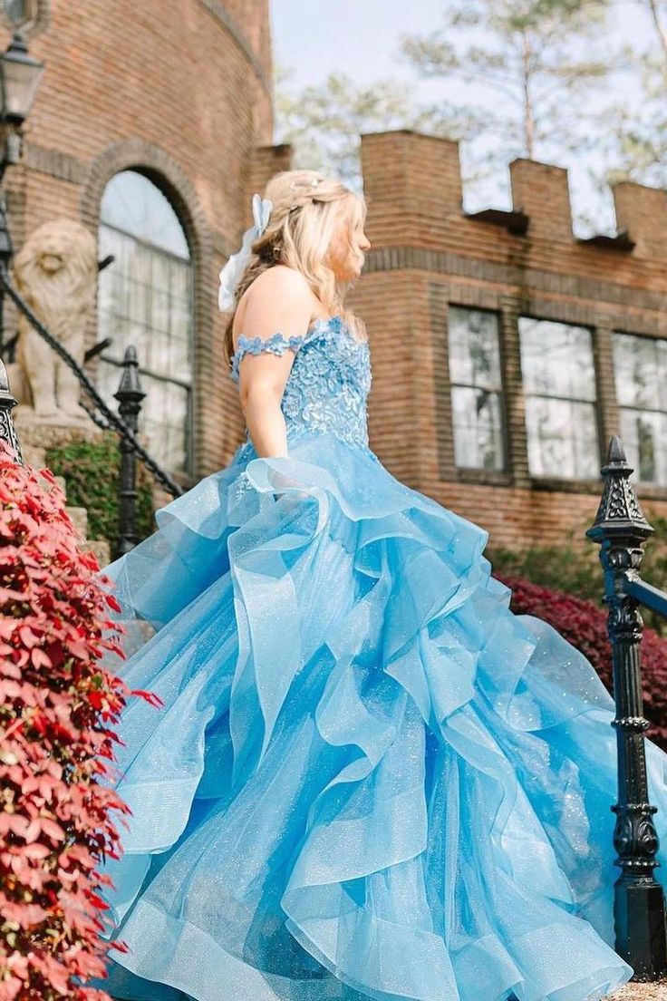 Cute Ball Gown Off The Shoulder Light Sky Blue Lace Tulle Prom Dresses Party Dress Birthday Outfits Graduation Dress AB1041
