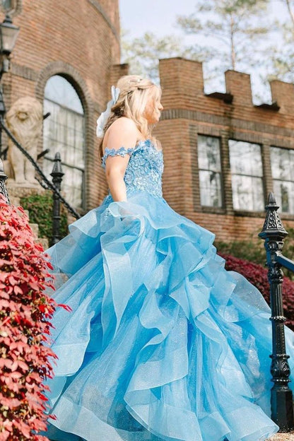 Cute Ball Gown Off The Shoulder Light Sky Blue Lace Tulle Prom Dresses Party Dress Birthday Outfits Graduation Dress AB1041