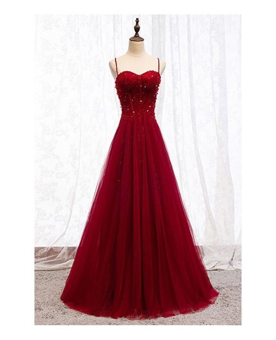 Straps Dark Red Beaded Sweetheart Long Formal Dress, Junior Prom Dress AB703