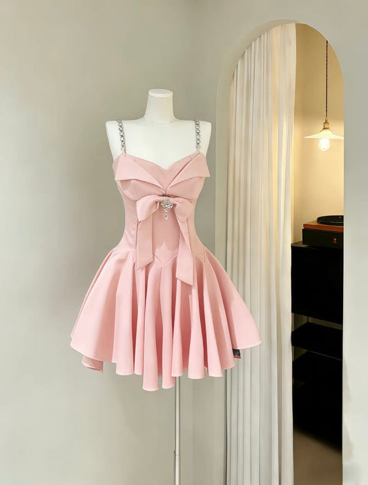 Cute A Line Spaghetti Strap Pink Satin Mini Senior Inspo Short Birthday 18th Party Outfits Homecoming Dresses RB3190