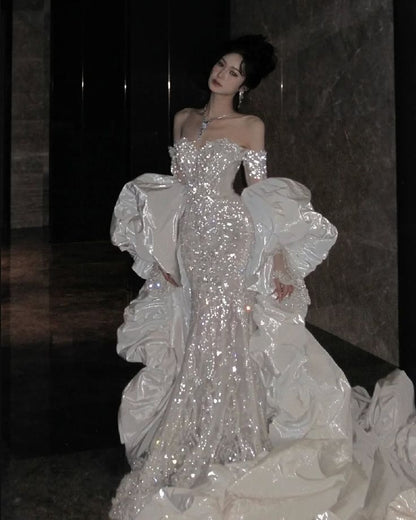 Charming Women's Mermaid Off The Shoulder Sequins Lace With Long Sleeves Wedding Dresses AB1464