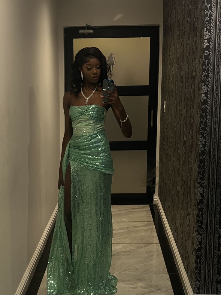 Sparkly Mermaid Strapless Green With Pleated Slit Bodice Long Prom Dress For Black Girls Evening Dresses N638