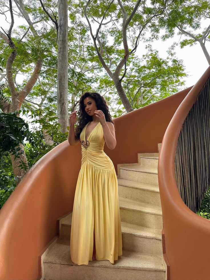 Women Sexy Mermaid Halter Yellow Chiffon Bodycon Formal Gowns Evening Maxi Dress Prom Dress Aesthetic For Women Party Outfits AB1200