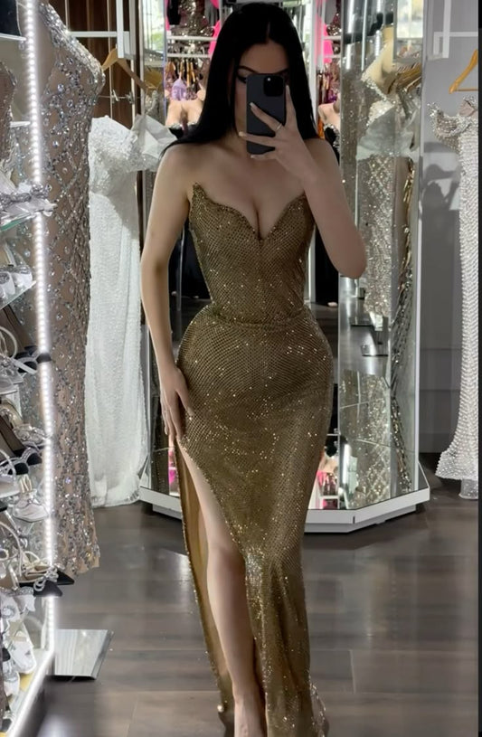 New Arrive Elegant Sweetheart Gold Sequin Long Party Dress Prom Dresses Mermaid Bodycon For Women N4075