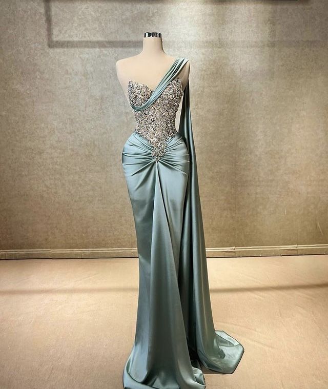 Sexy Shimmer Gown One Shoulder Sleeveless Blue Prom Dresses Mermaid Bodycon For Women N4065