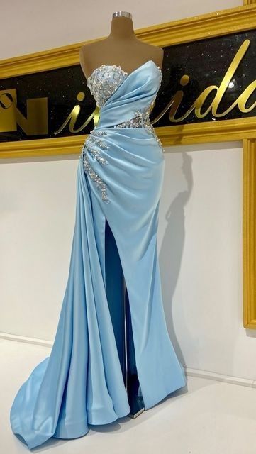 Sexy Shimmer Gown Sweetheart Sleeveless Blue Slit Prom Dresses Mermaid Bodycon For Women N4064