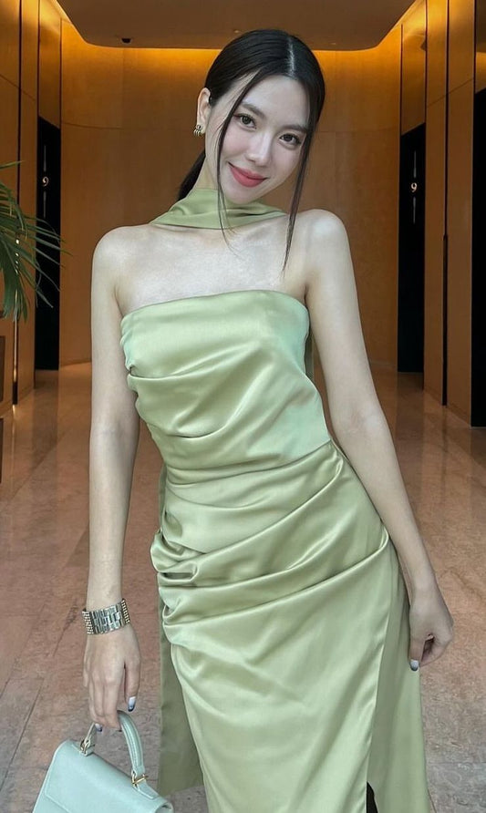 Simple Mermaid Strapless Sage Green Satin With Ruffles Long Prom Dresses Impress 18th Birthday Outfits Party Gown N280