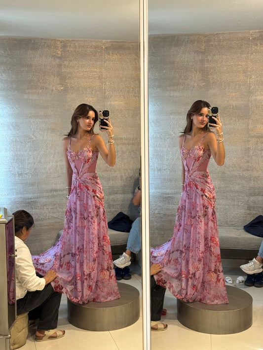 Elegant A Line Spaghetti Straps Floral Pink Long Chiffon Prom Dresses Vestidos De Dia AB588