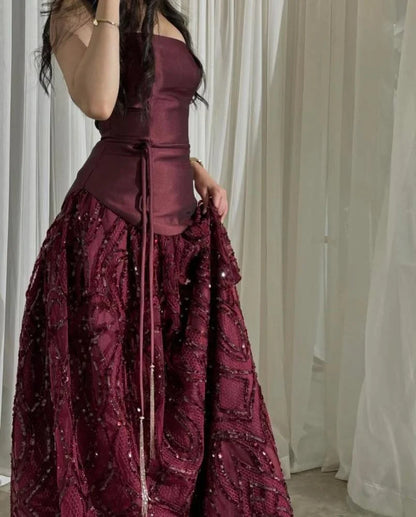 Vintage A Line Strapless Burgundy Satin Floor Length Prom Dress Lace Inspiration Long Prom Dresses B386