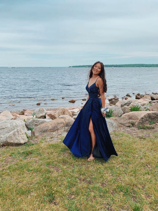Sparkly Navy Blue A line Prom Dress Aesthetic Spaghetti Straps Midnight Long Prom Dresses Dark Blue Formal Gown Inspo Slit Evening Outfit AB733