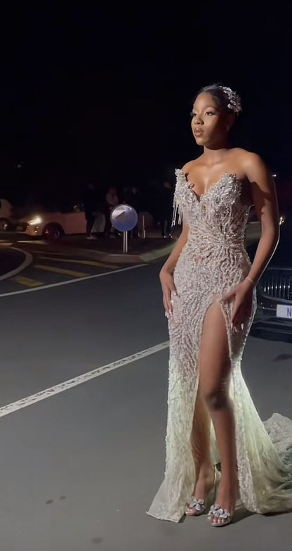 Modest Mermaid Sweetheart Champagne Slit Formal Gown 20th Birthday Dress N1875
