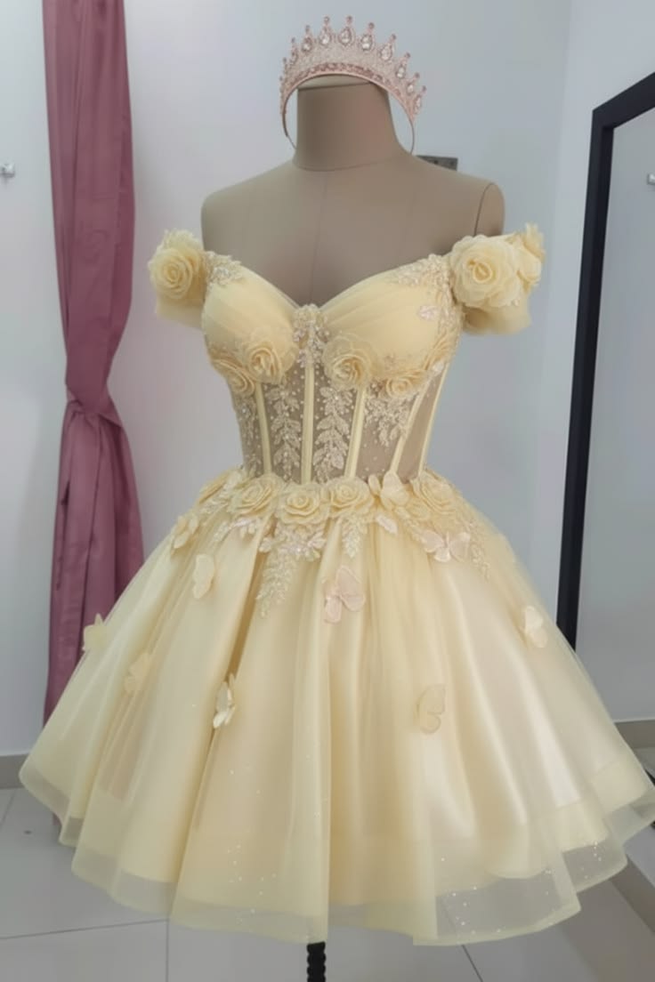 Sparkly Off-Shoulder Tulle Homecoming Dress with 3D Flowers & Corset Party Dresses RB6784