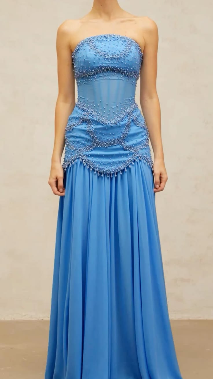 Glam Mermaid Strapless Blue Chiffon WIth Beads Long Prom Dresses Evening Long Formal Dress RB3810